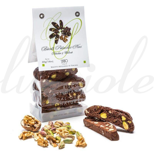 Włoskie biscotti manufakturowe `Cantucci Czekoladowe z Pistacjami i Orzechem Włoskim` 200g